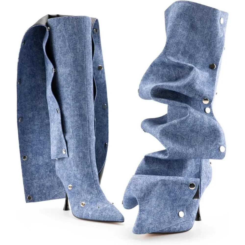 Women's Blue Suede Detachable Snap-off Panel Fold Over Fall Shark Boots